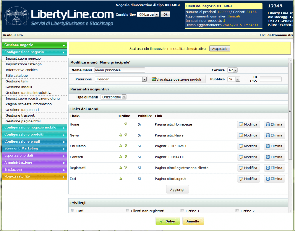 Configurazione modulo e-commerce