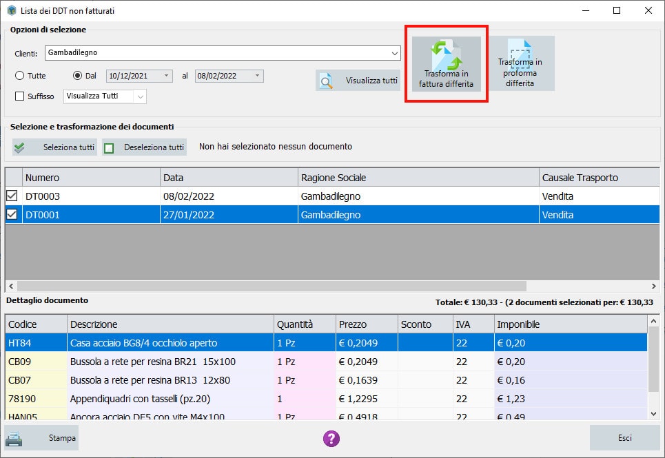 Fatturazione singola o in blocco dei DDT