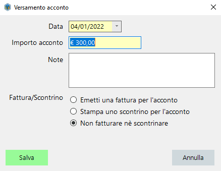 Gestione acconti clienti