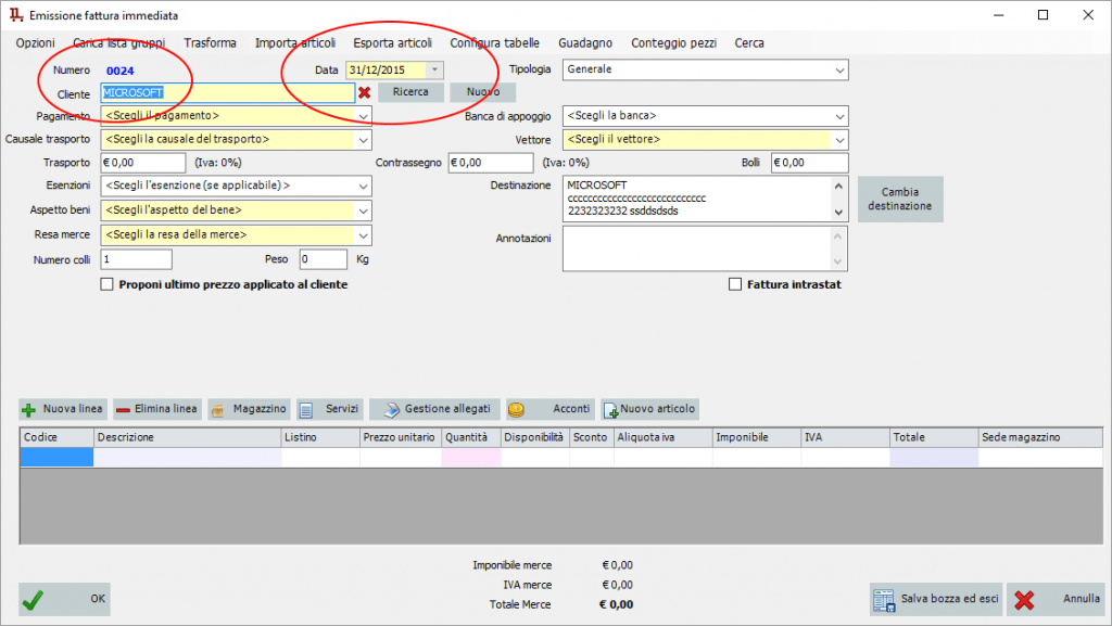 Cambio numerazione fattura