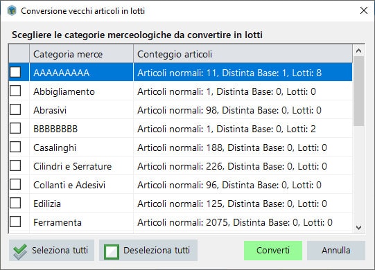 Conversione articoli normali in articoli con lotti