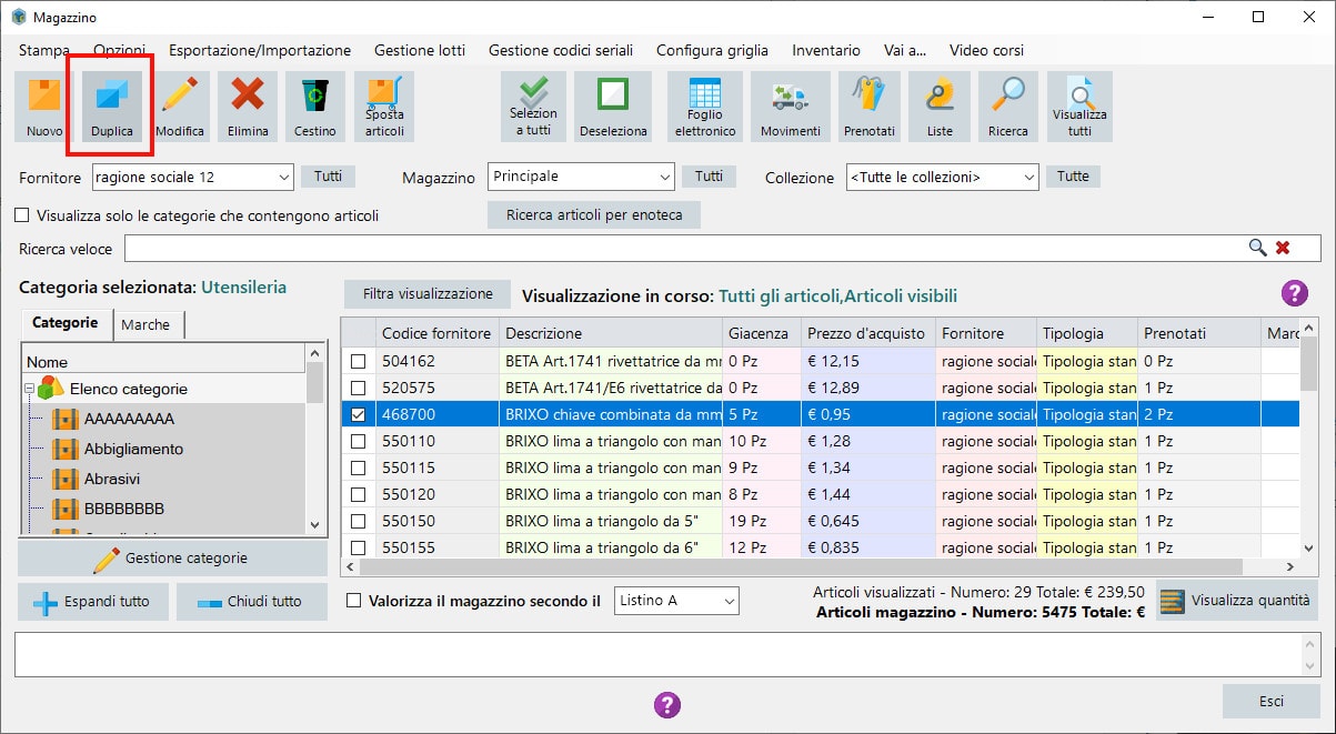 Duplicazione di un articolo magazzino