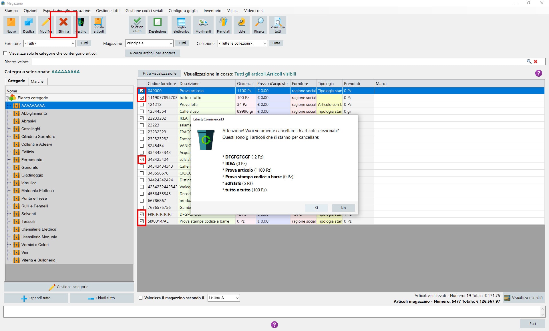 Cancellare uno o più articoli del magazzino sul LibertyCommerce