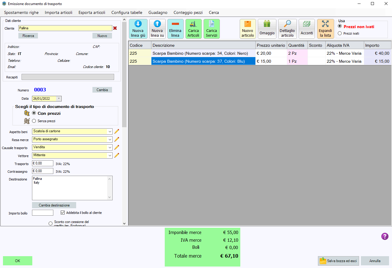 Emissione di un documento di trasporto