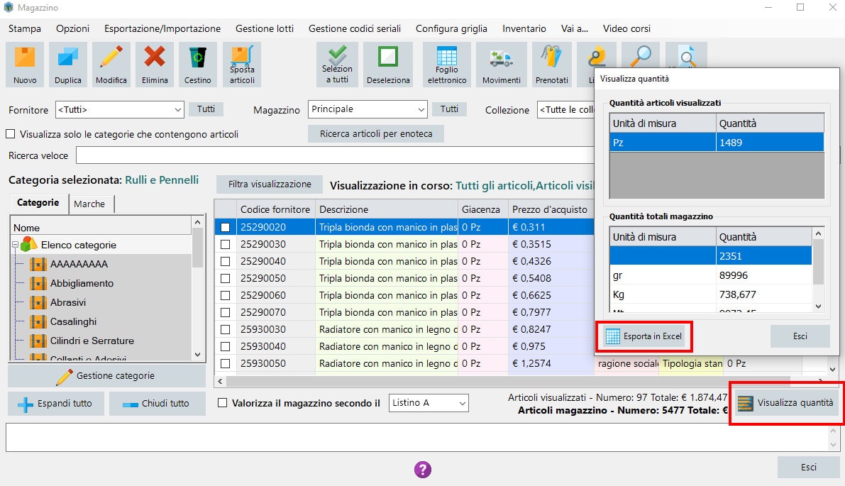 Esportazione quantità articoli magazzino