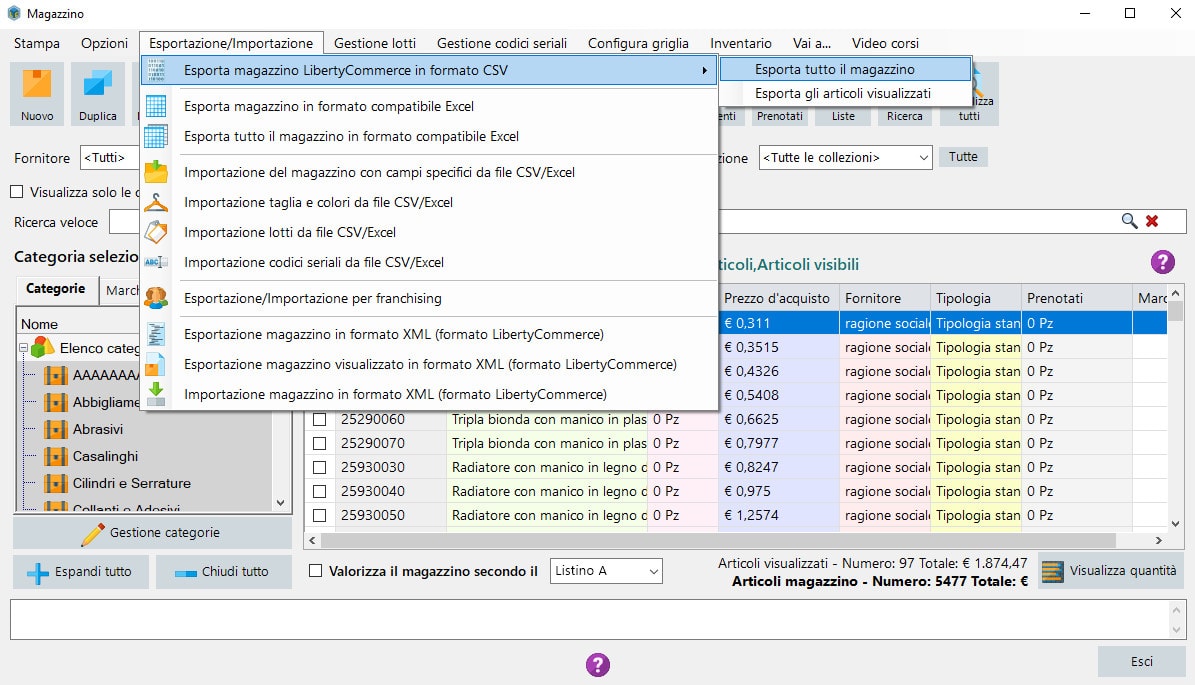 Esportazione/Importazione in formato CSV o EXCEL del magazzino