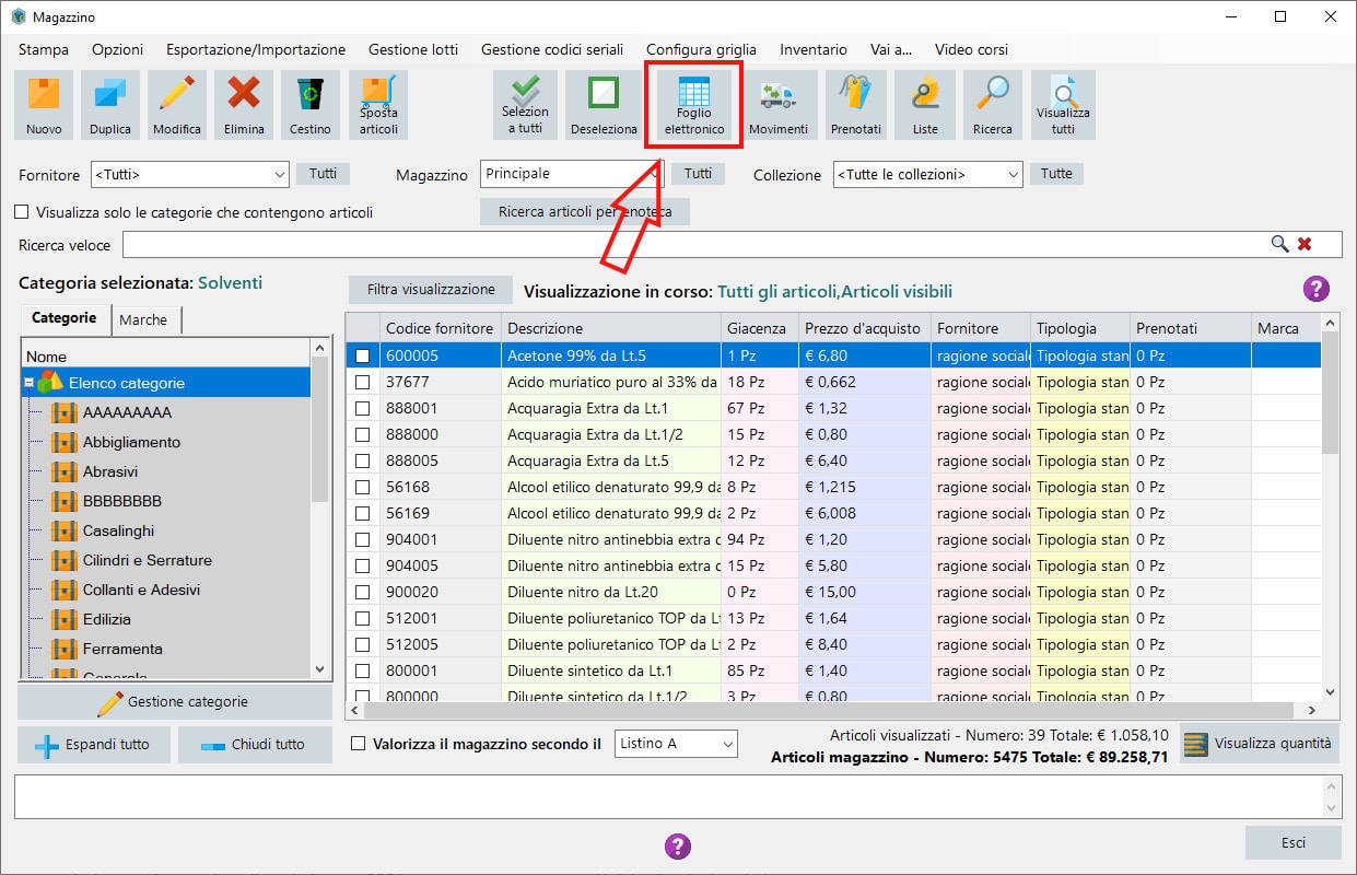 Foglio elettronico sul software LibertyCommerce