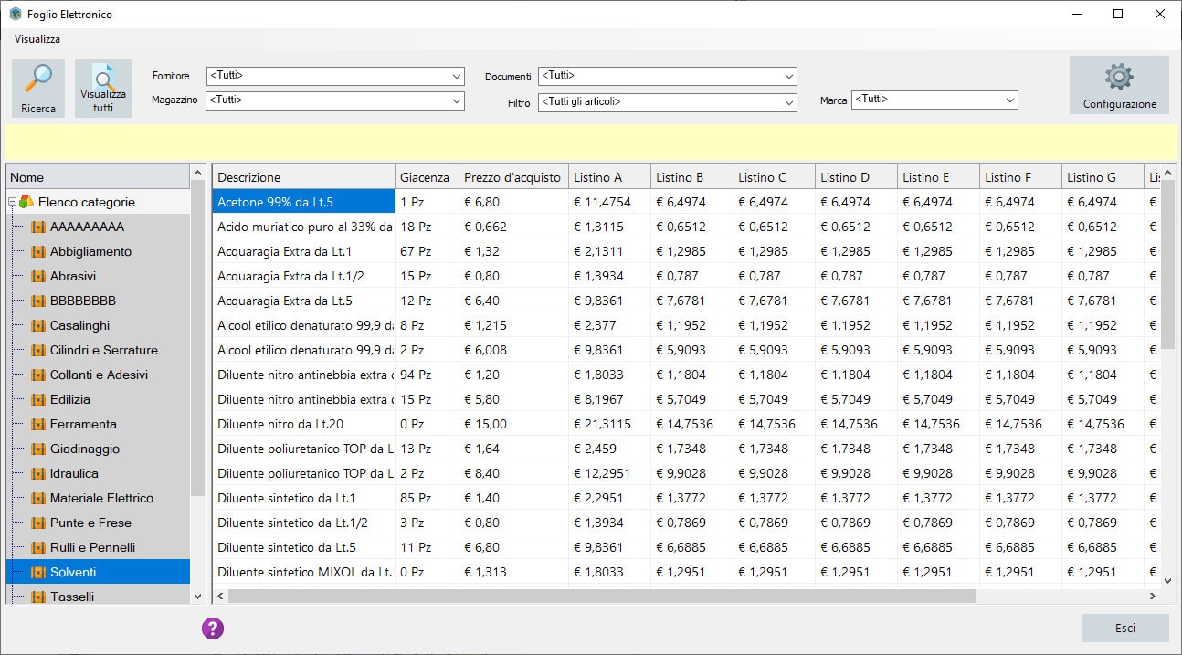 Foglio elettronico sul software LibertyCommerce