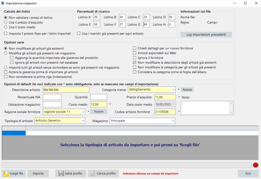 Esportazione/Importazione in formato CSV o EXCEL del magazzino