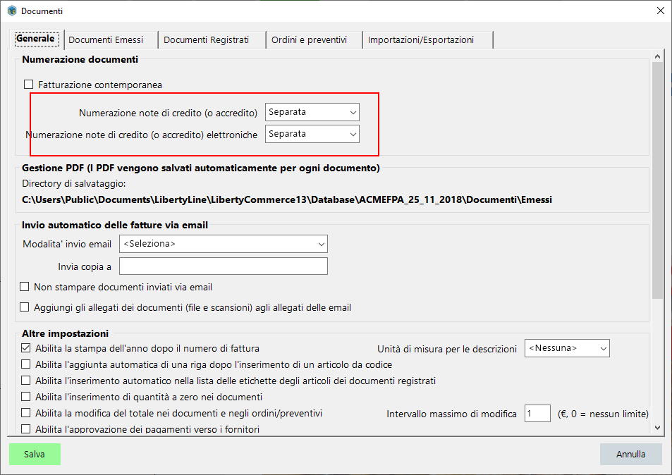 Nota di credito configurazione