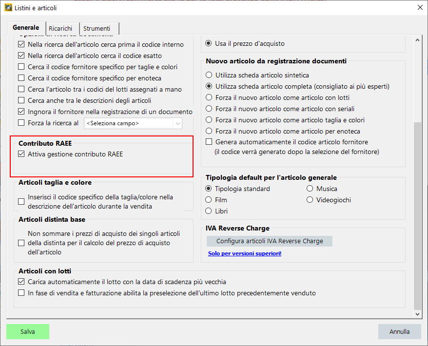 Configurazione contributo RAEE