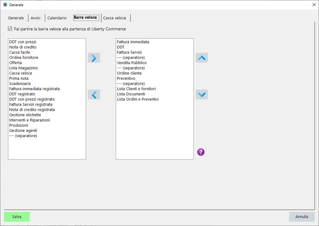 Configurazione Programma - Barra Veloce