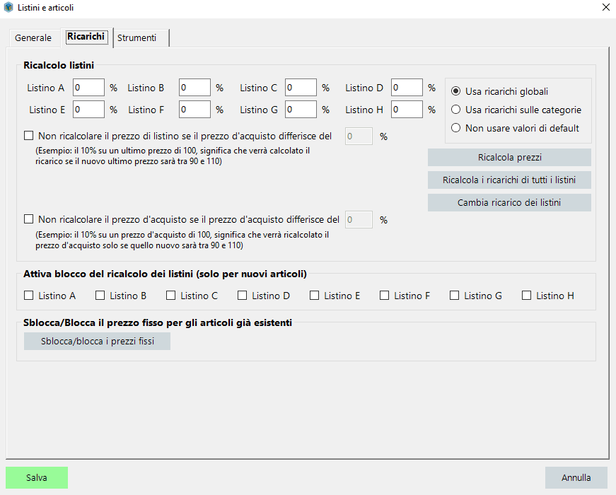 Configurazione listini e articoli