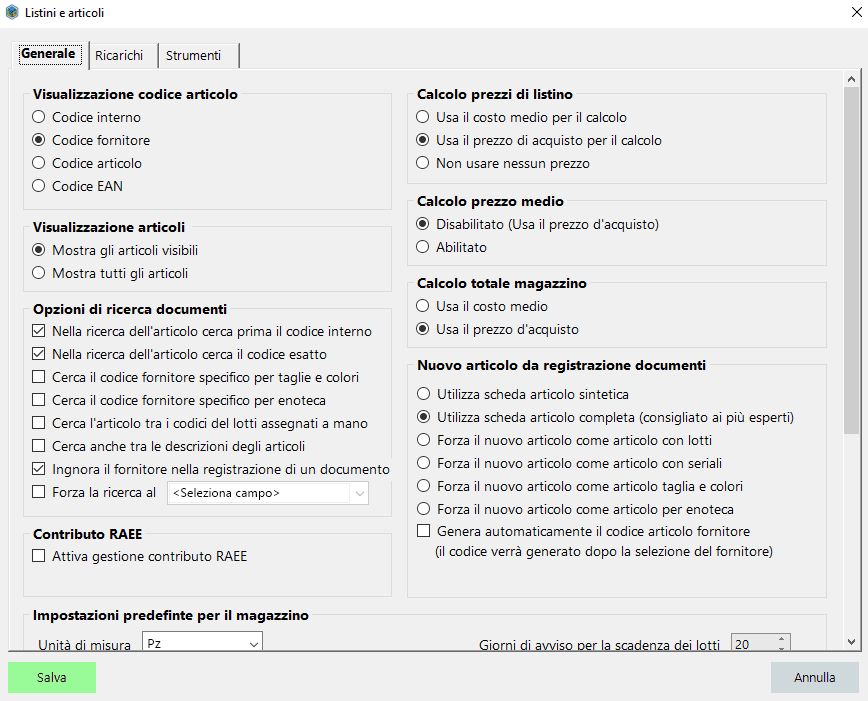 Configurazione listini e articoli