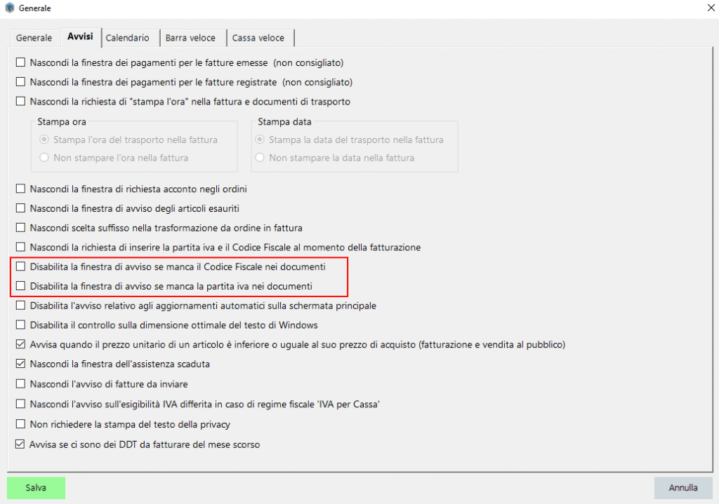 Configurazione programma, avvisi, disabilita avvisi per partita iva assente