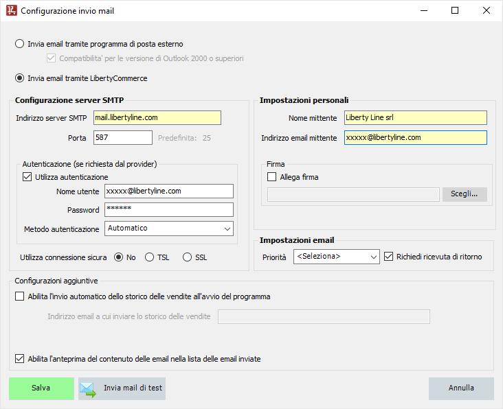 Configura invio email