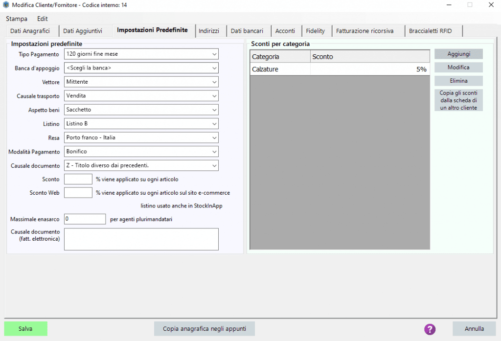 impostazioni predefinite per cliente/fornitore