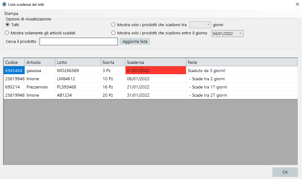 Avviso scadenza articolo con lotti