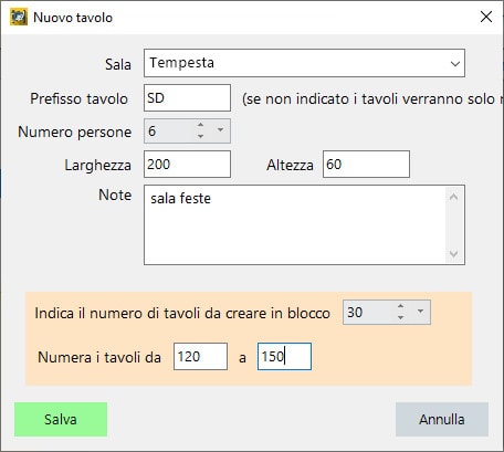 Creare i Tavoli e le Sale con il numero di coperti