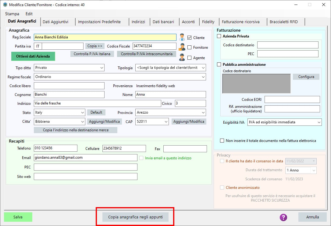 Copia anagrafica negli "appunti"