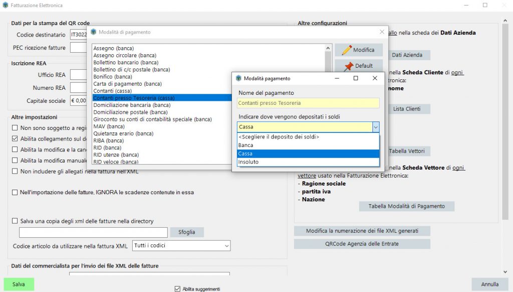 configurazione fattura modalità di pagamento