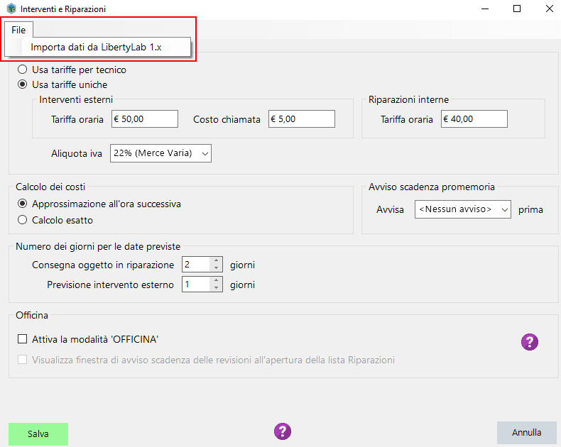 configurazione interventi e riparazioni file