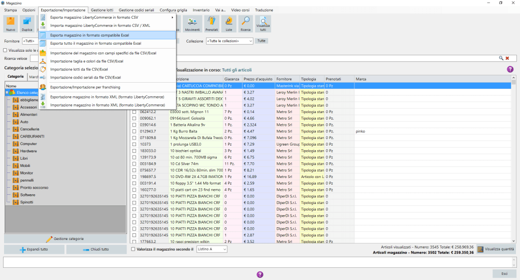 Esportazione magazzino in formato compatibile excel