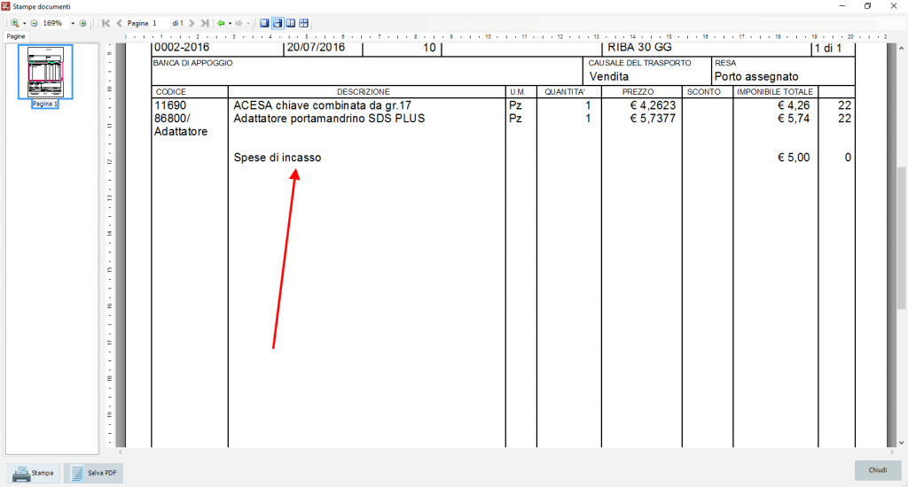 Fattura stampata spese di incasso