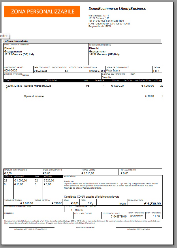 Nuova funzione per mettere le spese di incasso nelle fatture di LibertyCommerce stampa spese di incasso