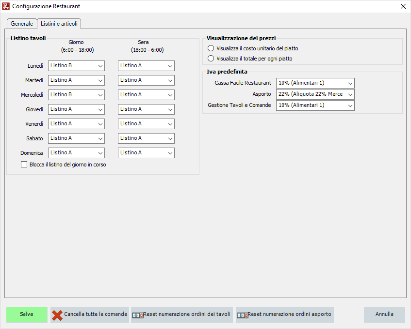 configurazione listino tavoli