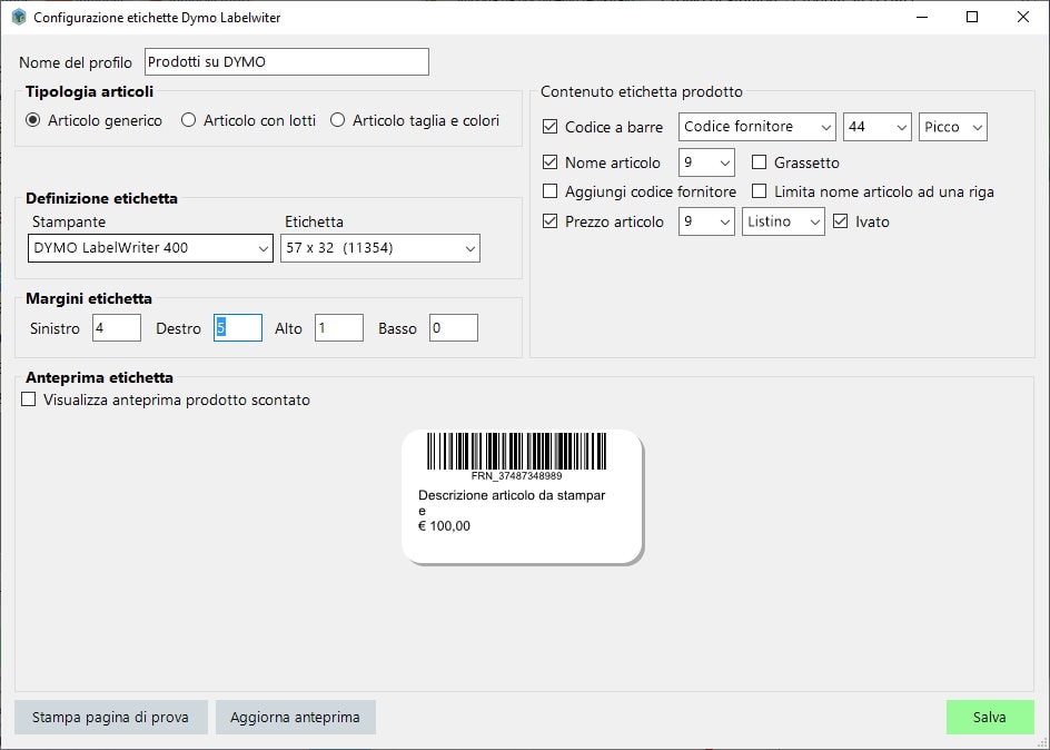 Configurazione etichetta su Dymo