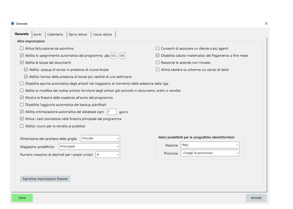 configurazione programma generale