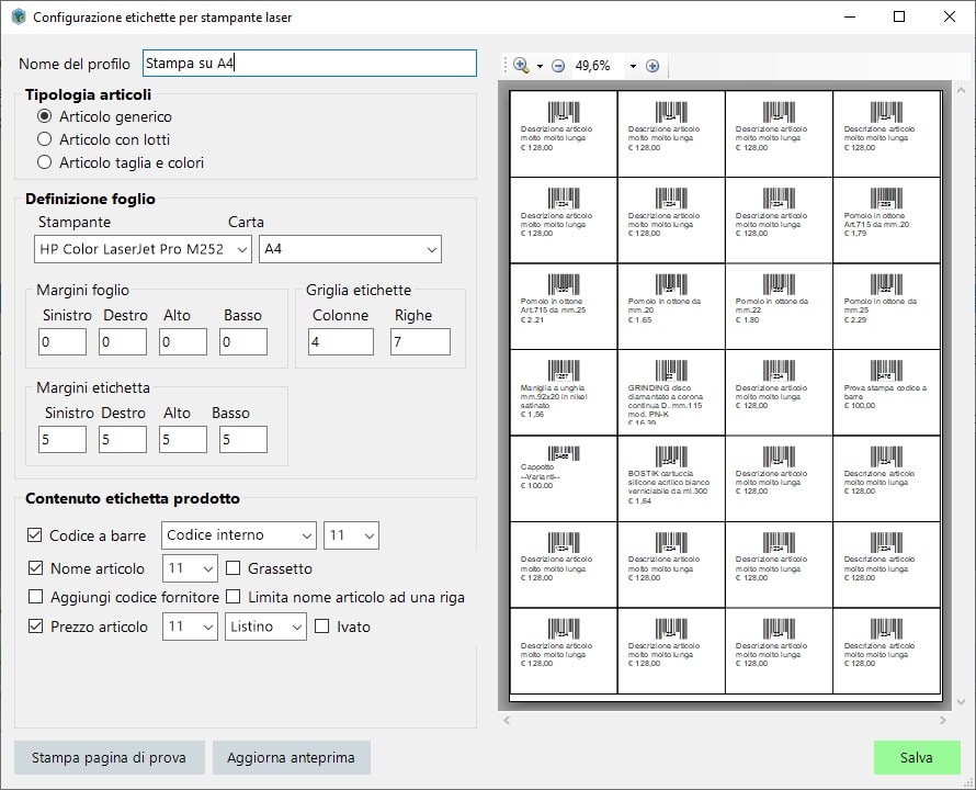 Configurazione stampa etichette su A4