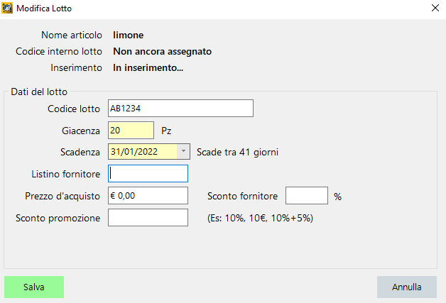 Articolo con lotti e data di scadenza