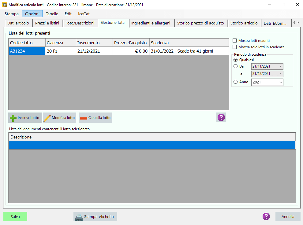 Articolo con lotti e data di scadenza