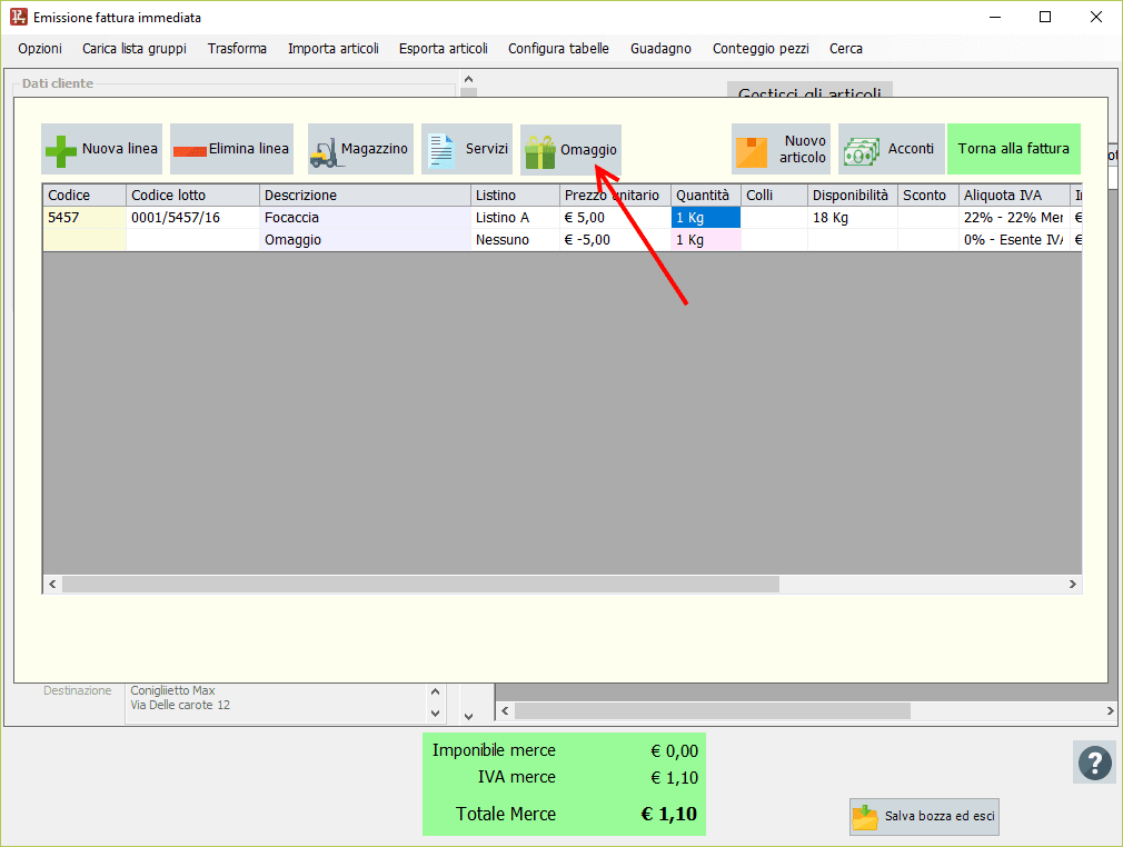 Fattura con omaggio