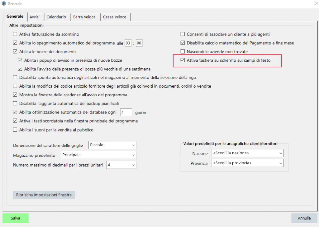 Spunta per inserire tastiera su schermo