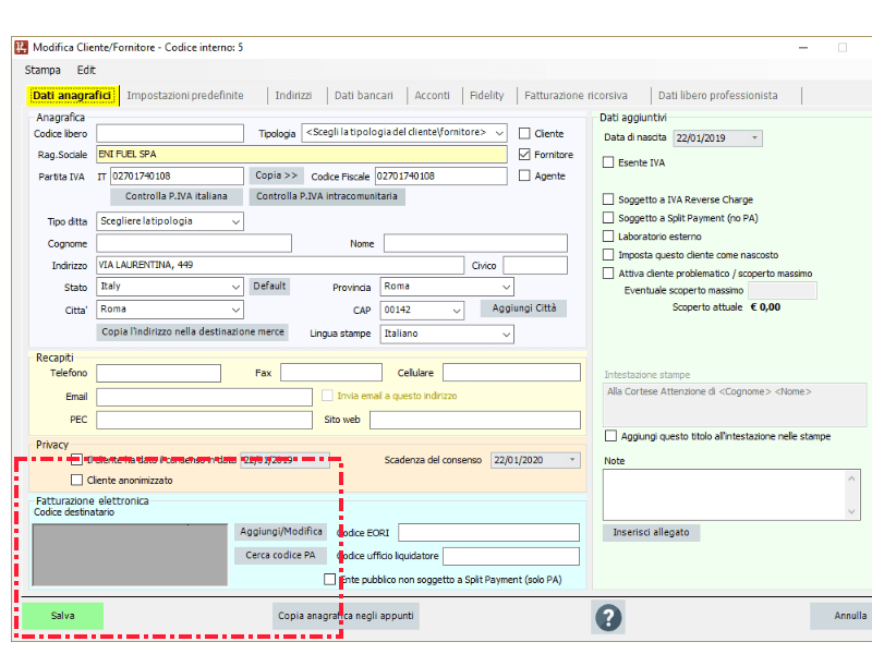 Codice SDI su scheda cliente su versione 12