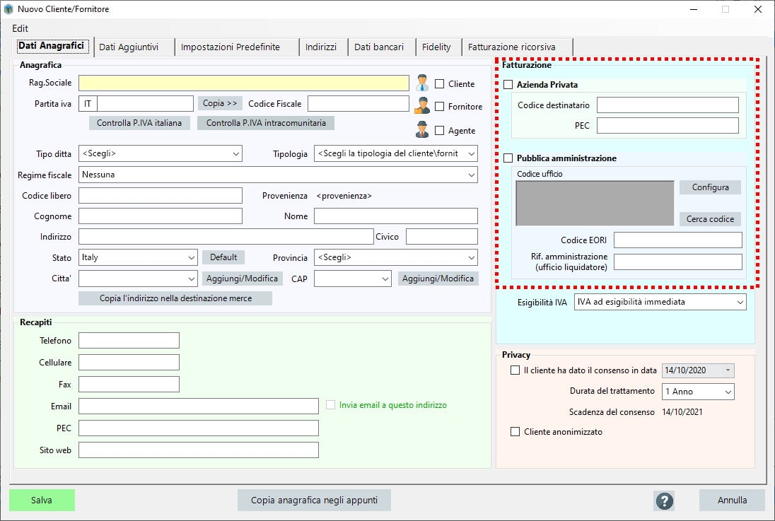 Codice SDI su scheda cliente 13