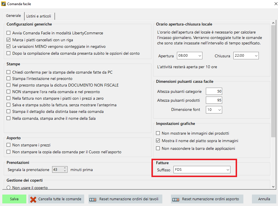 Configurare il suffisso sulle fatture di Comanda Facile