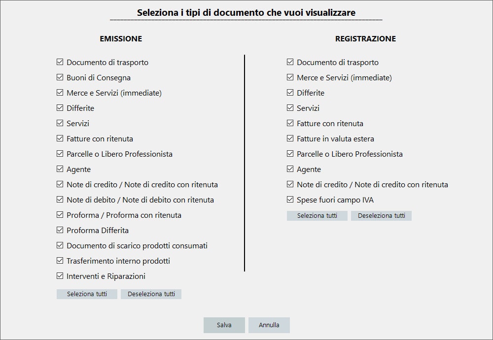 Configurazione menù documenti emessi