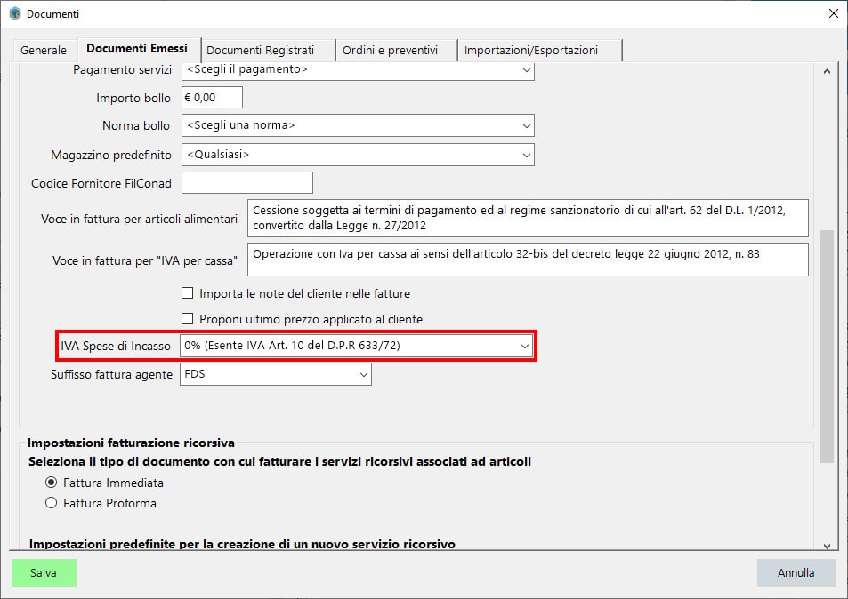 Configurazione IVA spese incasso