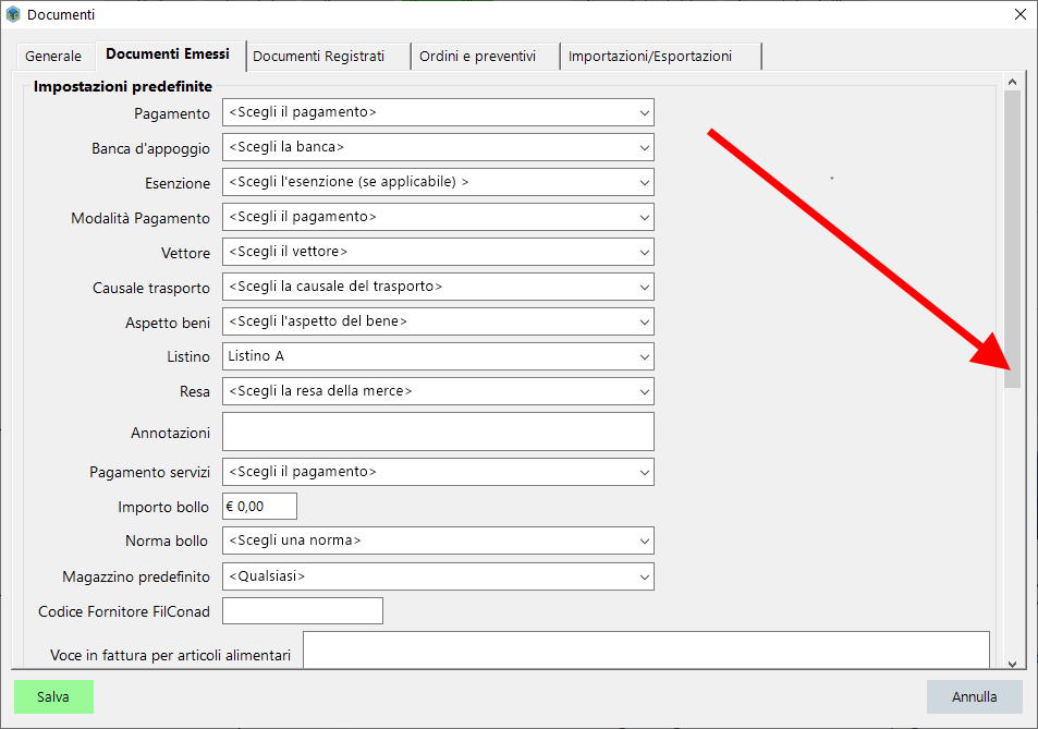 Configurazione documenti emessi