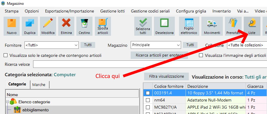 Liste magazzino