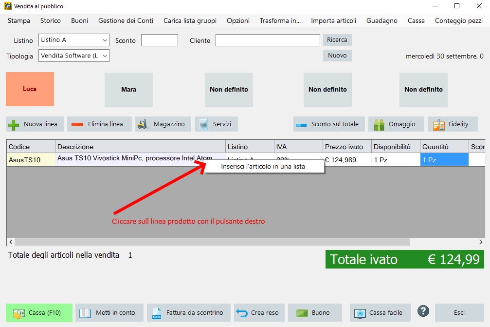 Creare lista da vendita al pubblico