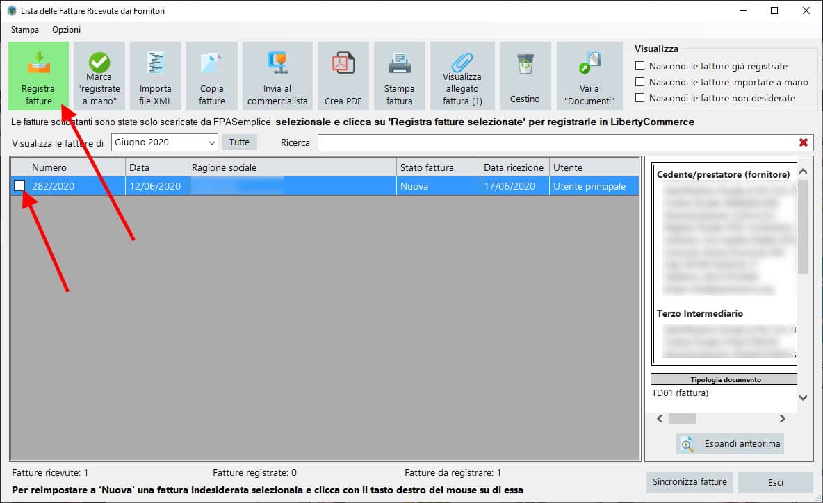 Registra una fattura da XML