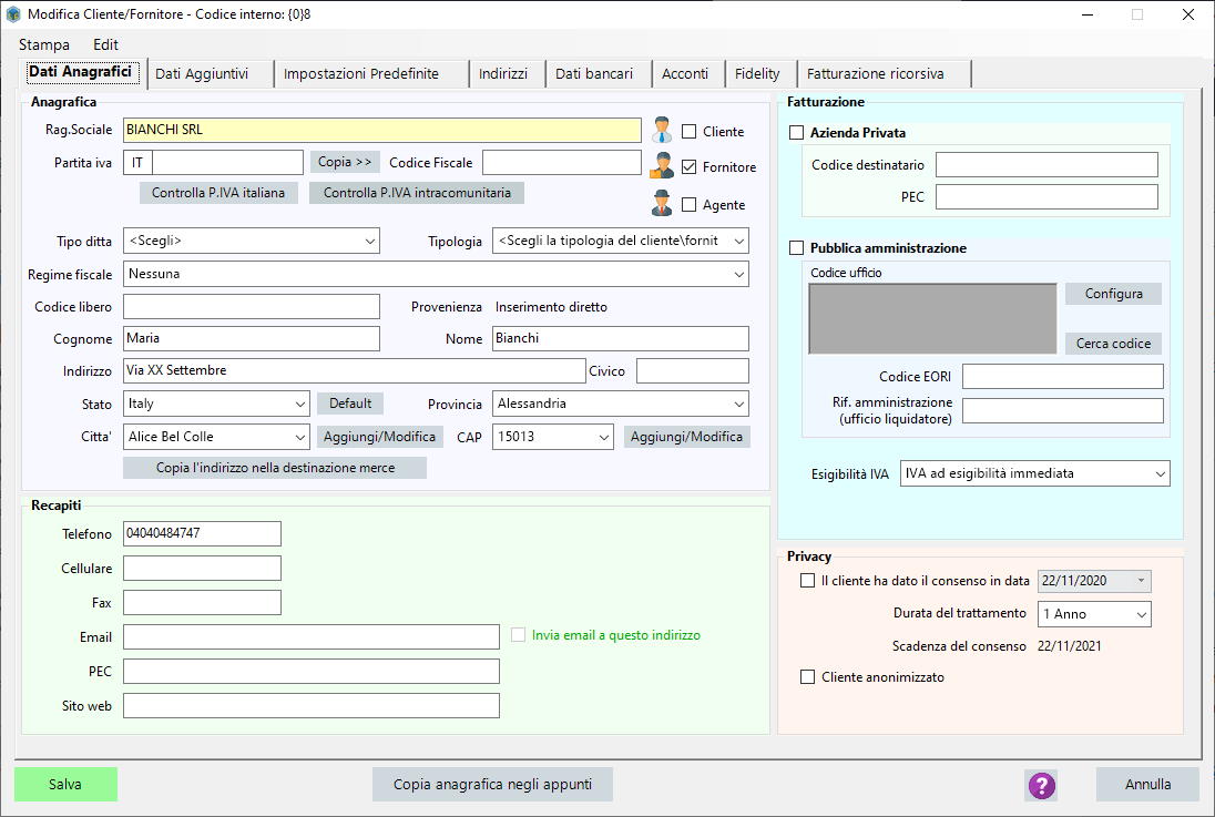 Anagrafica cliente/fornitore di LibertyCommerce