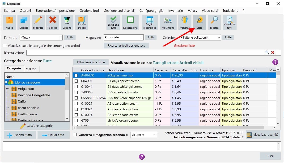 Creare liste articoli da vendita al pubblico da usare successivamente