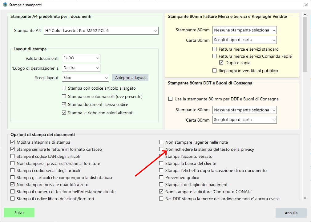 Disabilitare richiesta stampa testo privacy