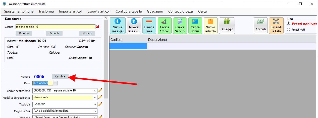 Cambiare numero fattura